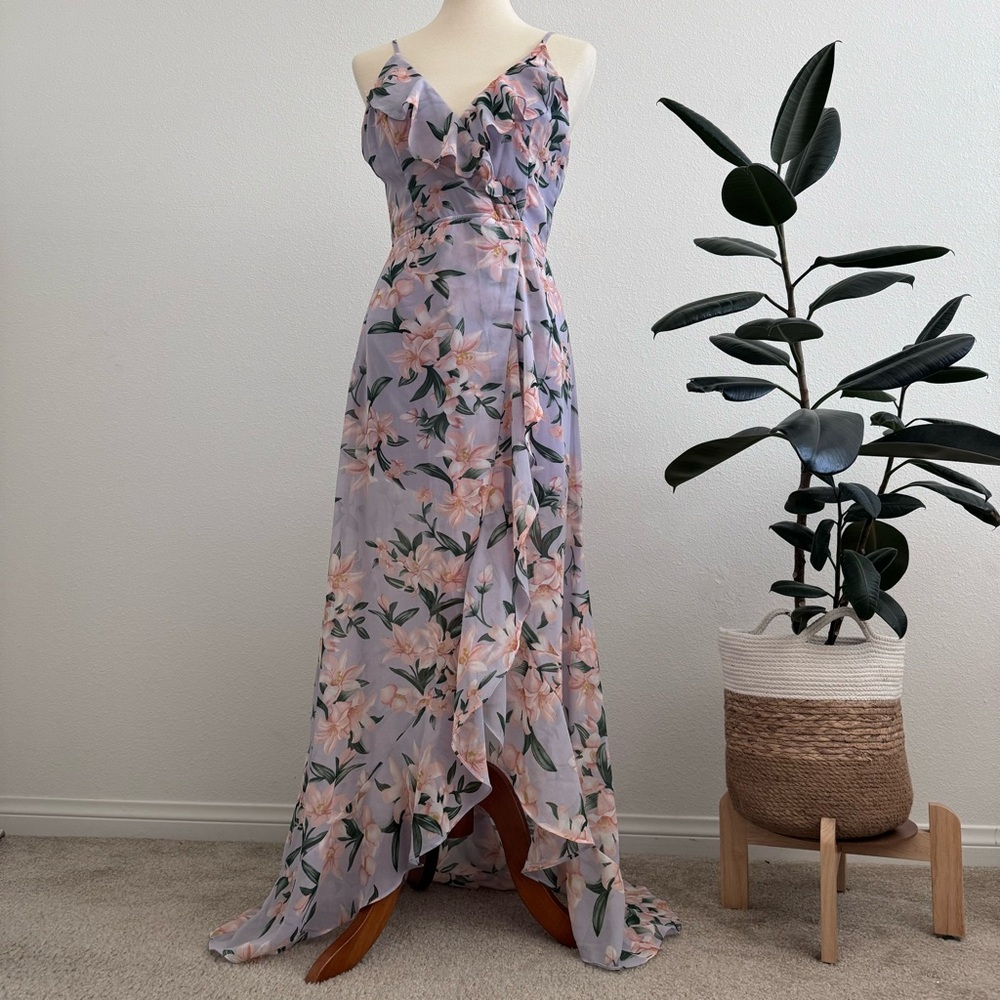 MISS AVENUE Lilac floral maxi dress with ruffle neck and hem - M